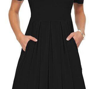 Women's Short Sleeve Summer Dress Pleated Loose Swing Knee Length Dresses with P